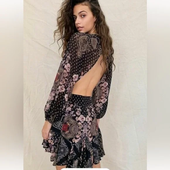 NWT Free People Seven Wonders Black and Multicolored Mini Dress Size L - Picture 3 of 12